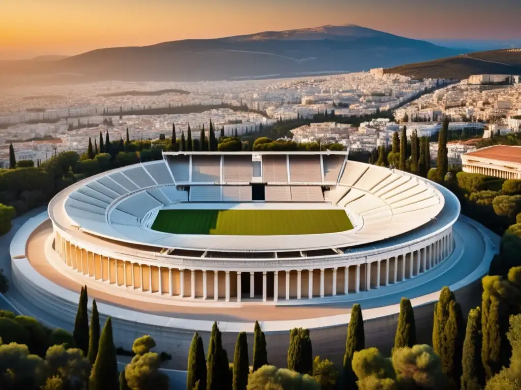 Estadio Panateneas, tributo a diosa Atenea, con detalles precisos, maravilloso atardecer y arquitectura grandiosa