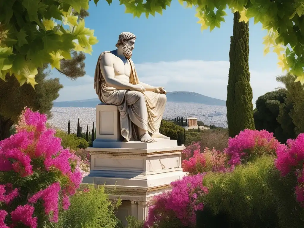 Estatua de mármol de Platón en jardín de Atenas, con Acropolis y Parthenon al fondo