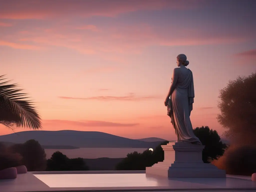 Paisaje sereno de la Antigua Grecia al atardecer, con estatua de Artemis y elementos simbólicos de menstruación