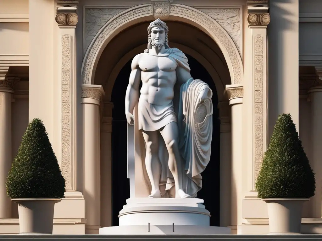 Influencia Alejandro Magno en mitología griega: estatua fotorealista, majestuosa y mitológica con detalles impresionantes