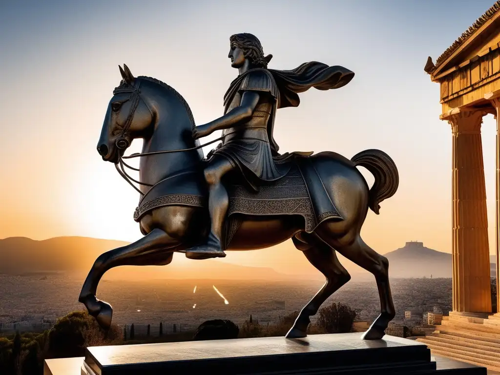 Estatua de Alejandro Magno en Grecia, con vistas a la antigua ciudad de Atenas y sus monumentos icónicos