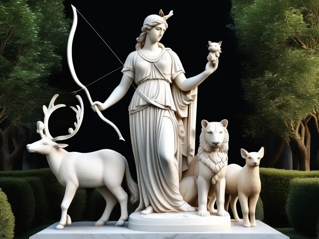 Influencia animales en cultura griega: estatua majestuosa de Artemis rodeada de animales, río sereno y jardín exuberante