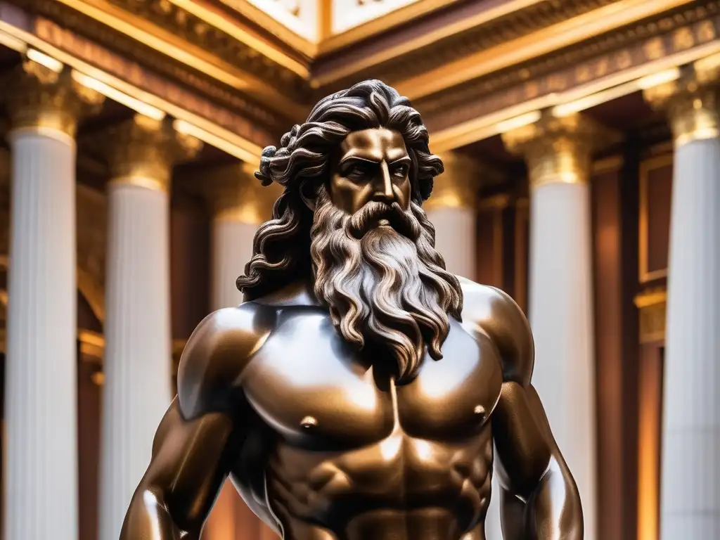 Estatua de bronce dorado de Zeus, rey de los dioses en la mitología griega, capturando su poder y belleza