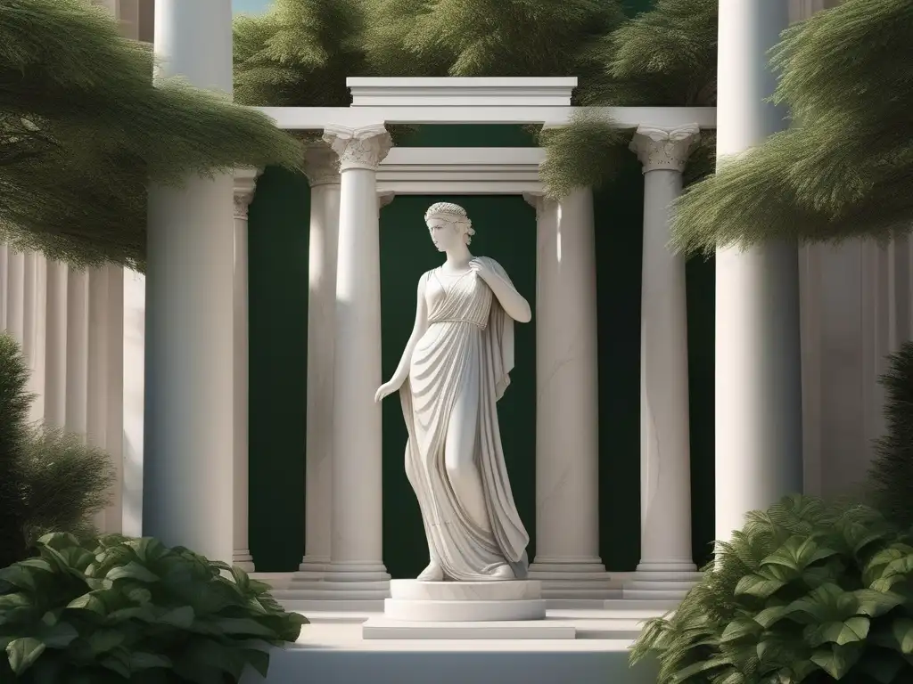 Estatua de diosa griega en entorno natural Arte ornamental antigua Grecia: diosa de mármol blanco con joyas doradas y naturaleza exuberante