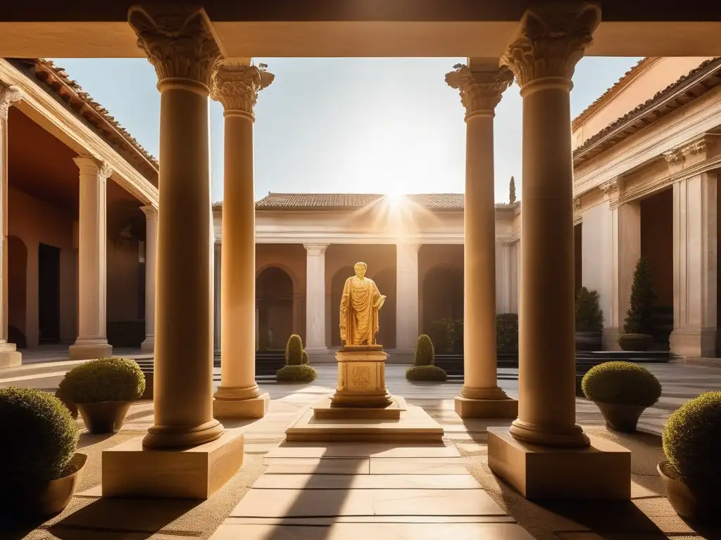 Influencia del estoicismo romano: estatua de filósofo romano en un patio sereno, bañado en luz dorada