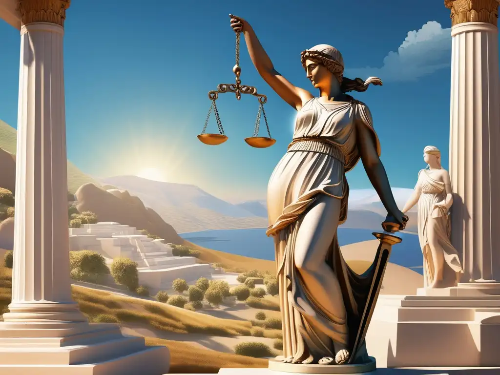 Estatua mármol diosa Themis, símbolo justicia y equilibrio en Grecia antigua