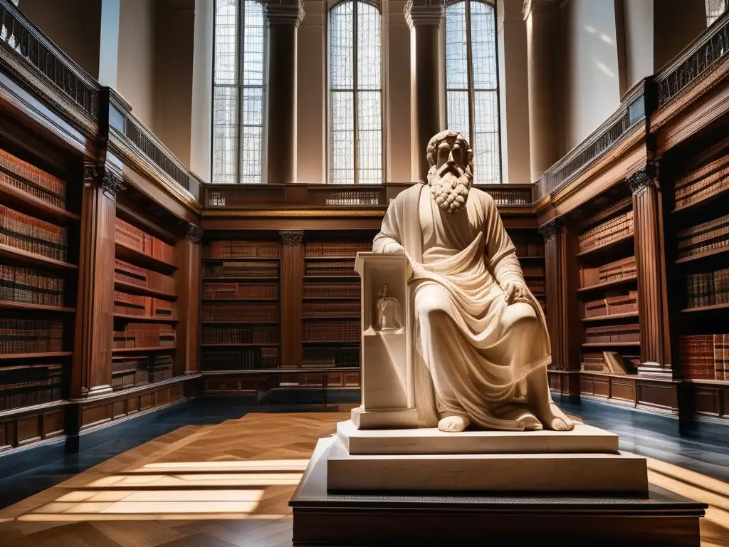 Influencia de Platón en matemática: Estatua de mármol blanco de Platón en biblioteca con libros antiguos y luz solar