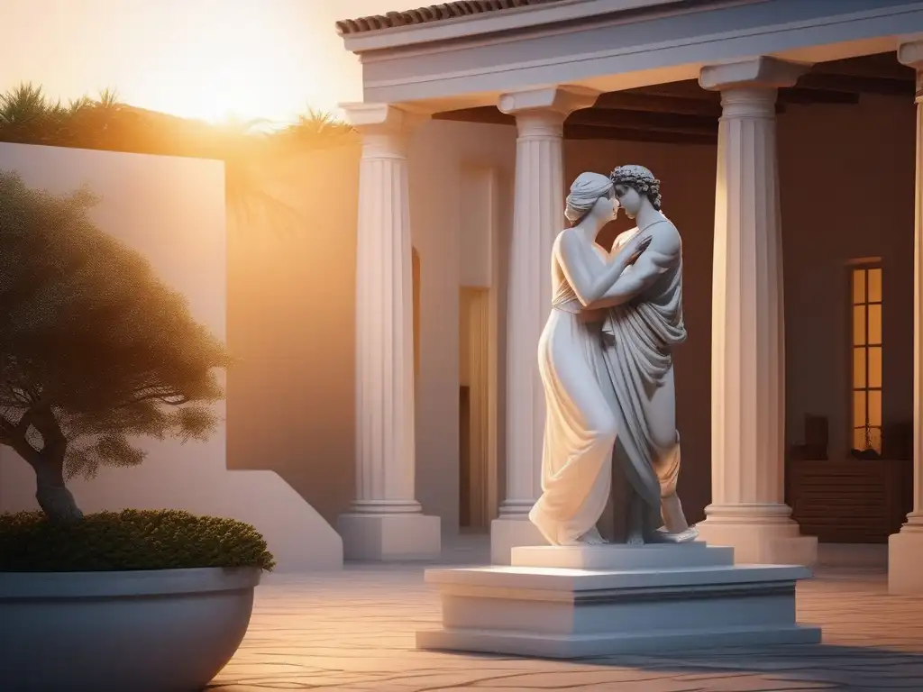 Pasión y amor en la poesía griega: Estatua de mármol de dos amantes abrazados en un sereno patio griego al atardecer