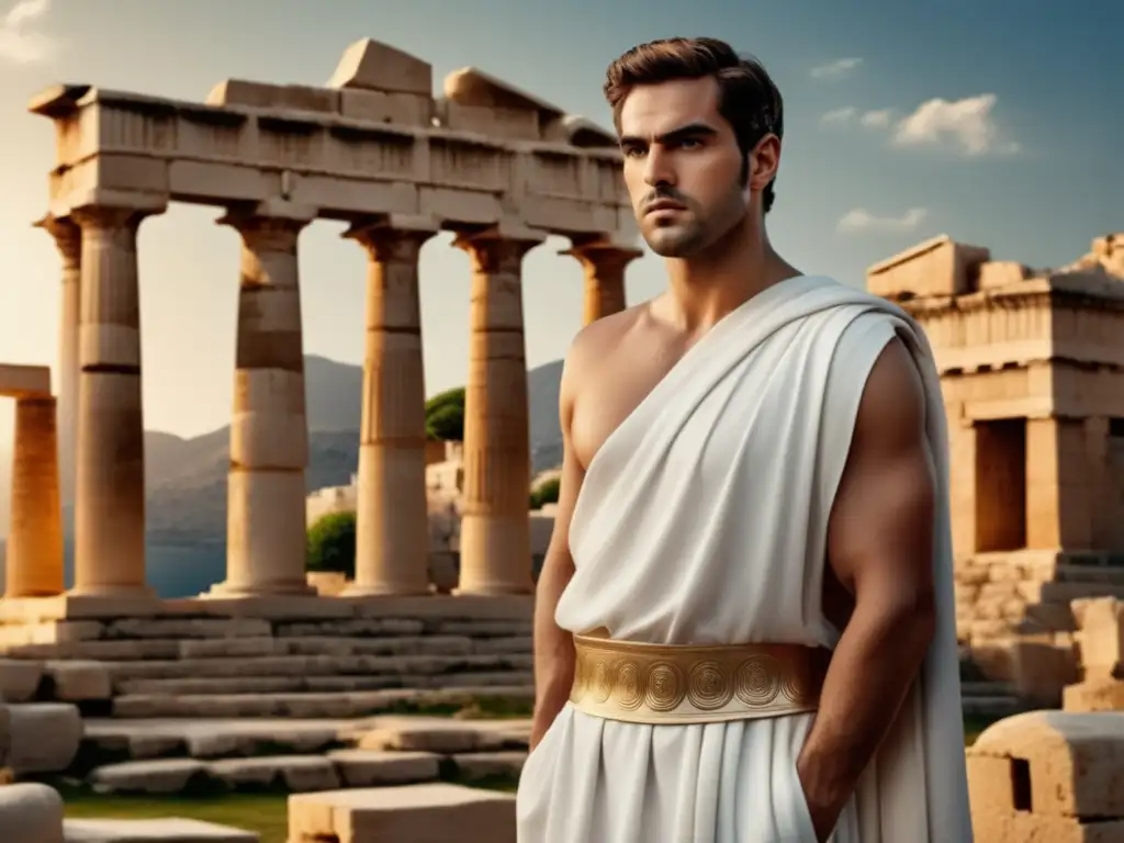 Evolución moda masculina Grecia: modelo griego en toga blanca, frente a ruinas antiguas, elegante y simétrico