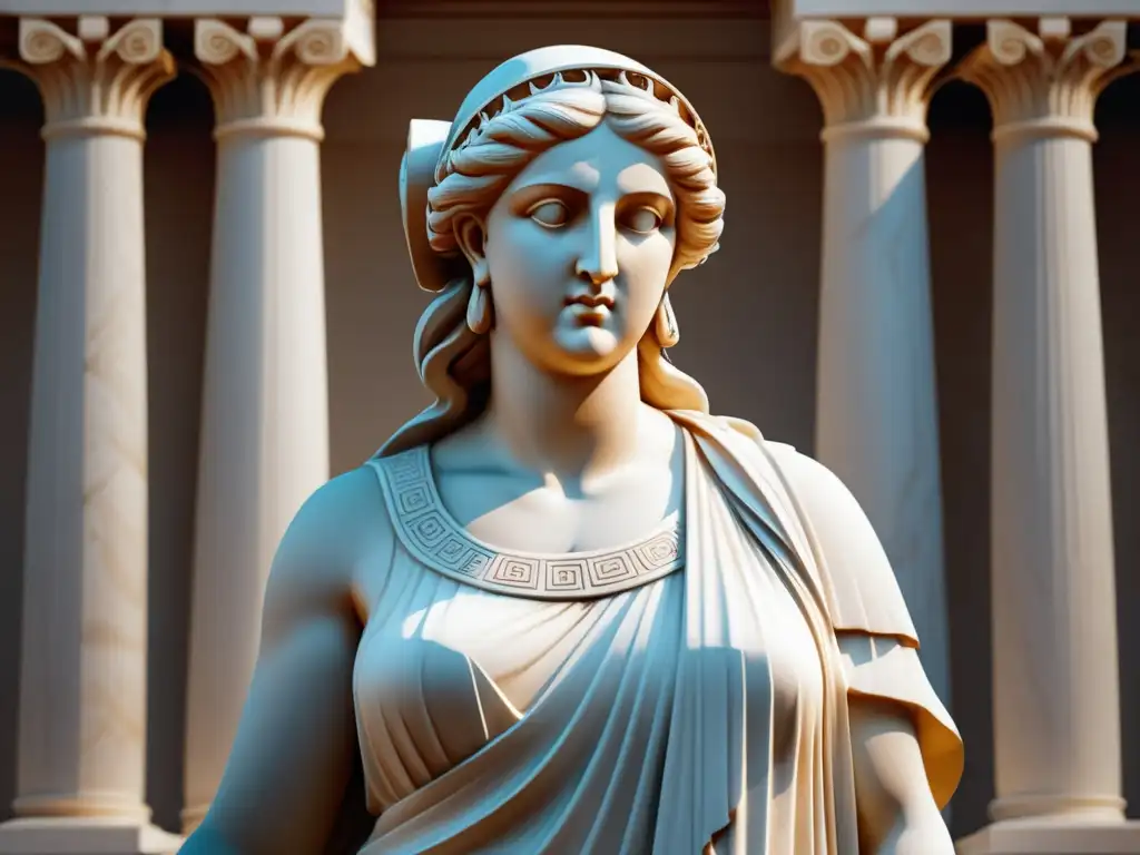 Estatua de diosa griega con peplos, mármol blanco, detalle y significado cultural de la vestimenta en Antigua Grecia