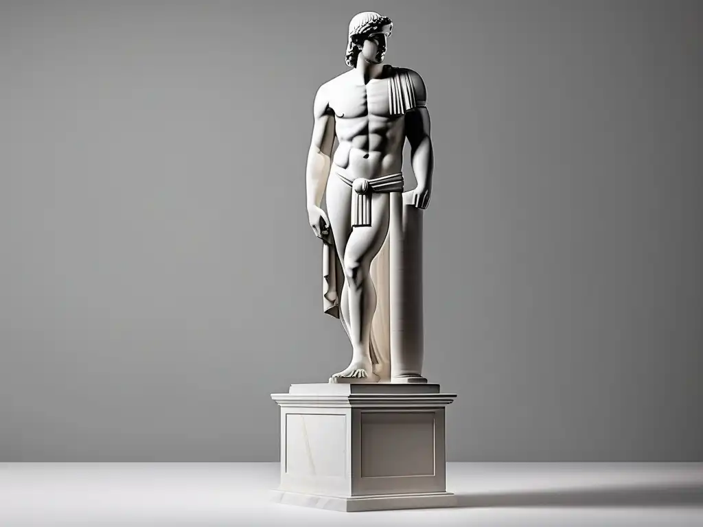 Escultura masculina Grecia: Kouros clásico en pedestal, detalle y expresión serena, fuerza y gracia juvenil