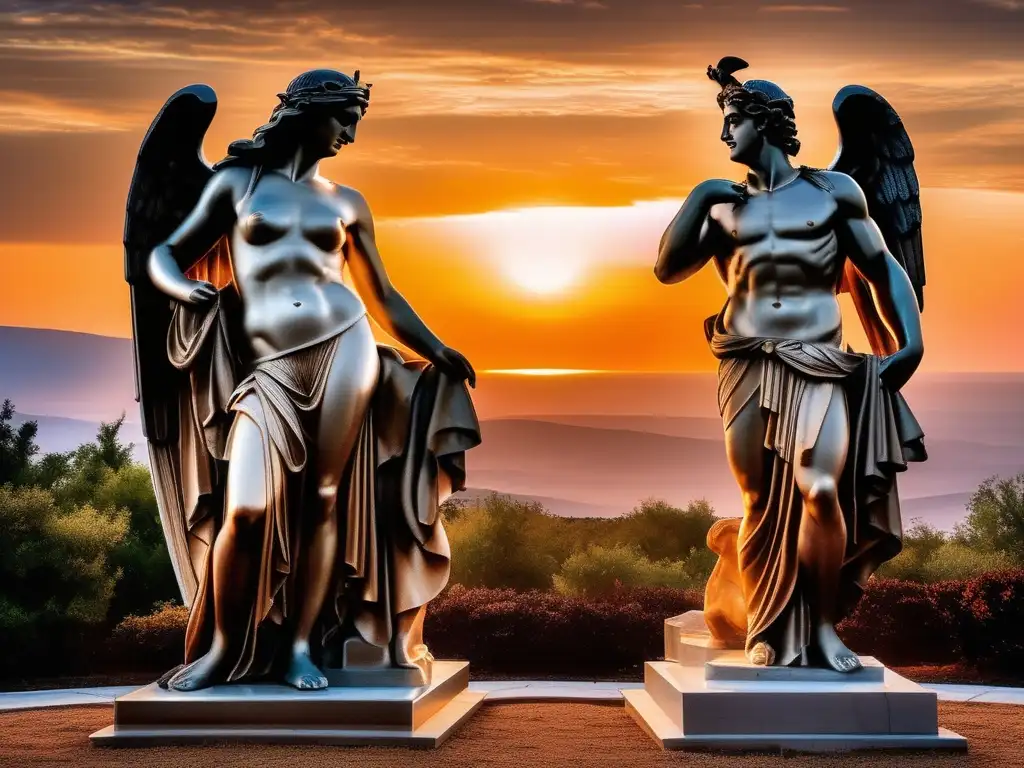 Estatuas de dioses griegos representando la historia de amor en Grecia Antigua, al atardecer