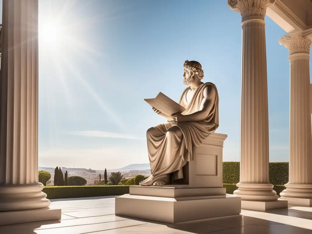 Estatua de filósofo griego en patio soleado - Control de mercados en la Antigua Grecia