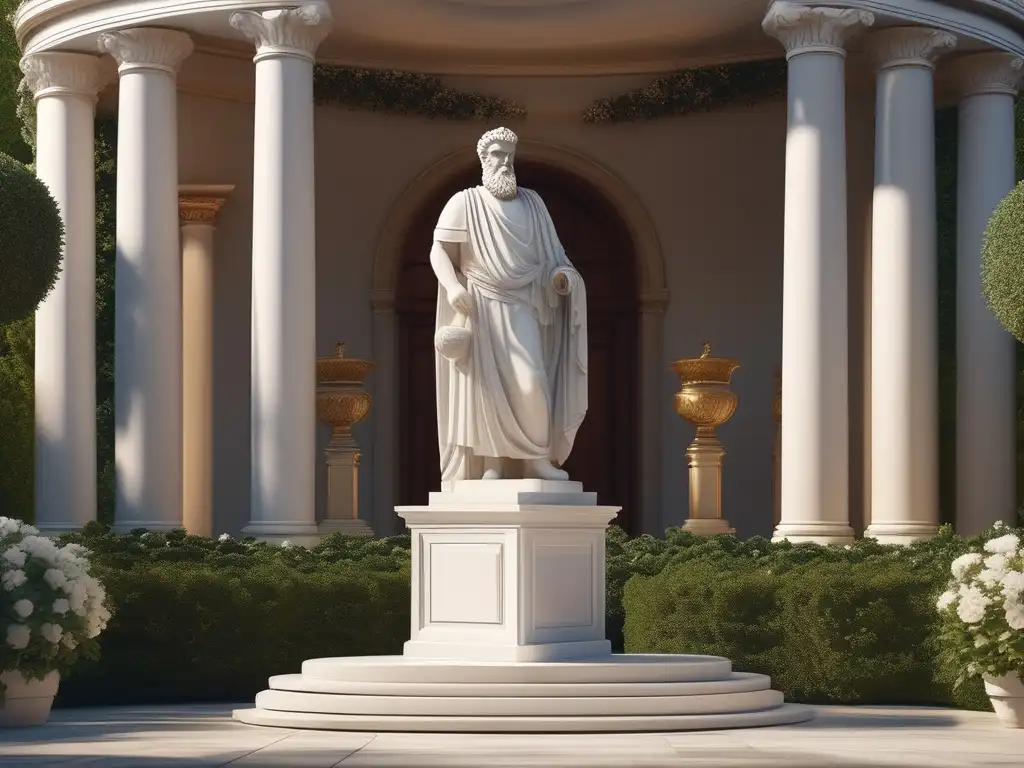 Estatua de mármol de Pericles, rodeada de vegetación exuberante y flores en un patio soleado