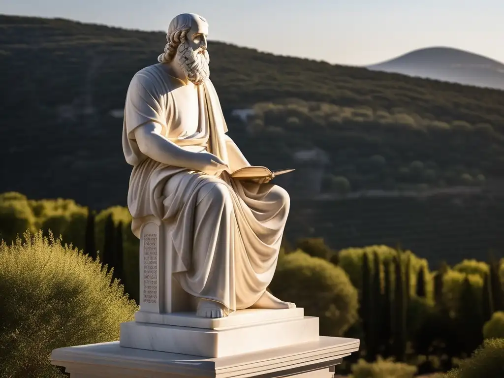 Estatua mármol de Platón, pensativo y majestuoso, en paisaje griego