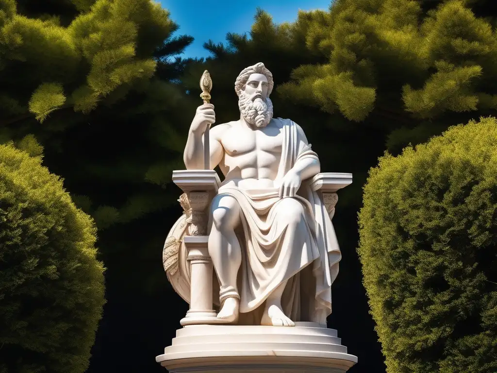 Estatua de mármol de Zeus en un jardín, resalta metamorfosis en la mitología griega