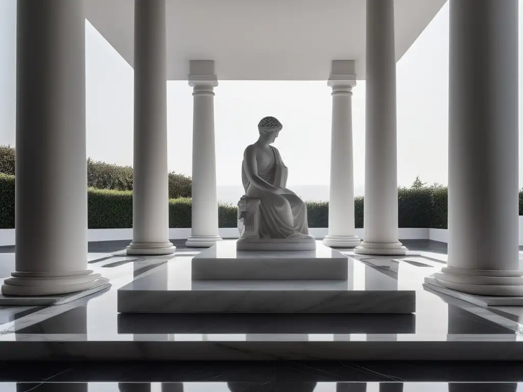 Ideas estéticas de Aristóteles en arte: estatua de mármol blanco sobre pedestal negro, paisaje minimalista y sereno