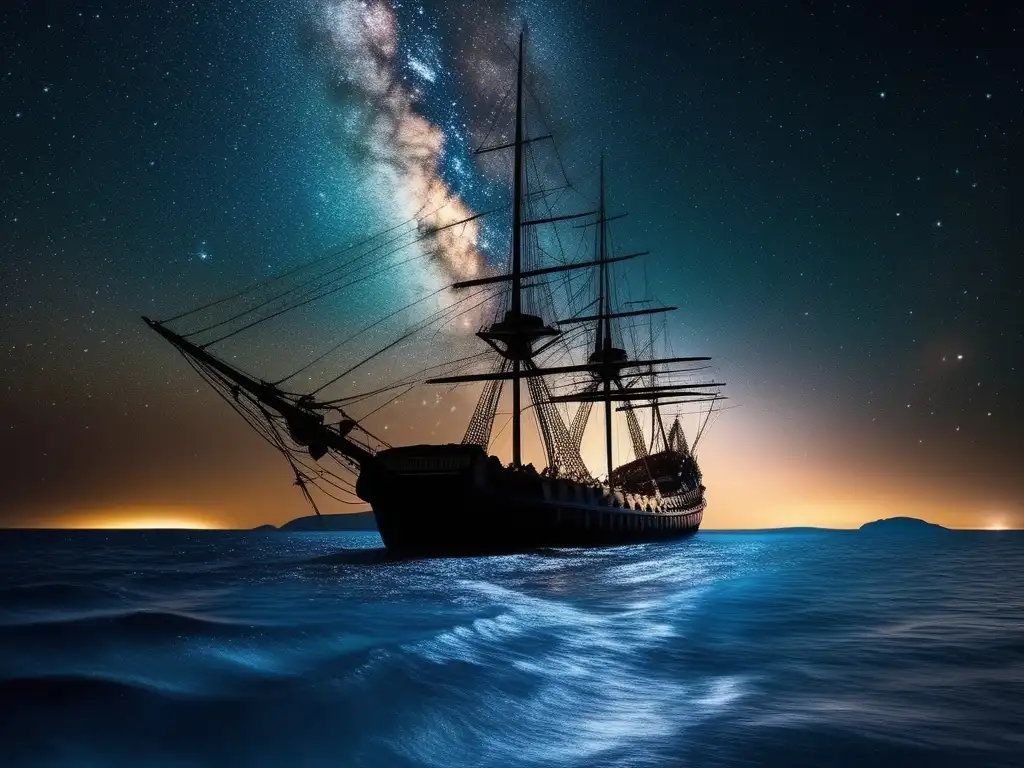 Astronomía en la estrategia militar griega: Noche estrellada con siluetas de barcos antiguos navegando en el mar Egeo