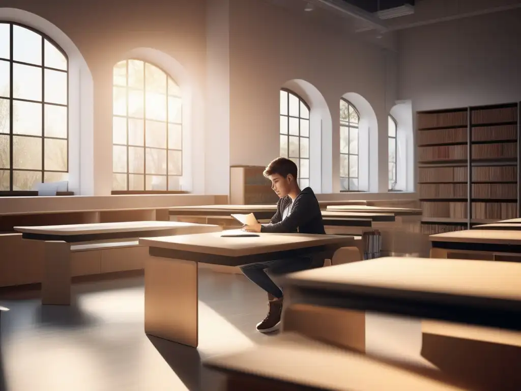 Estudiante solitario en aula moderna, rodeado de libros y materiales educativos