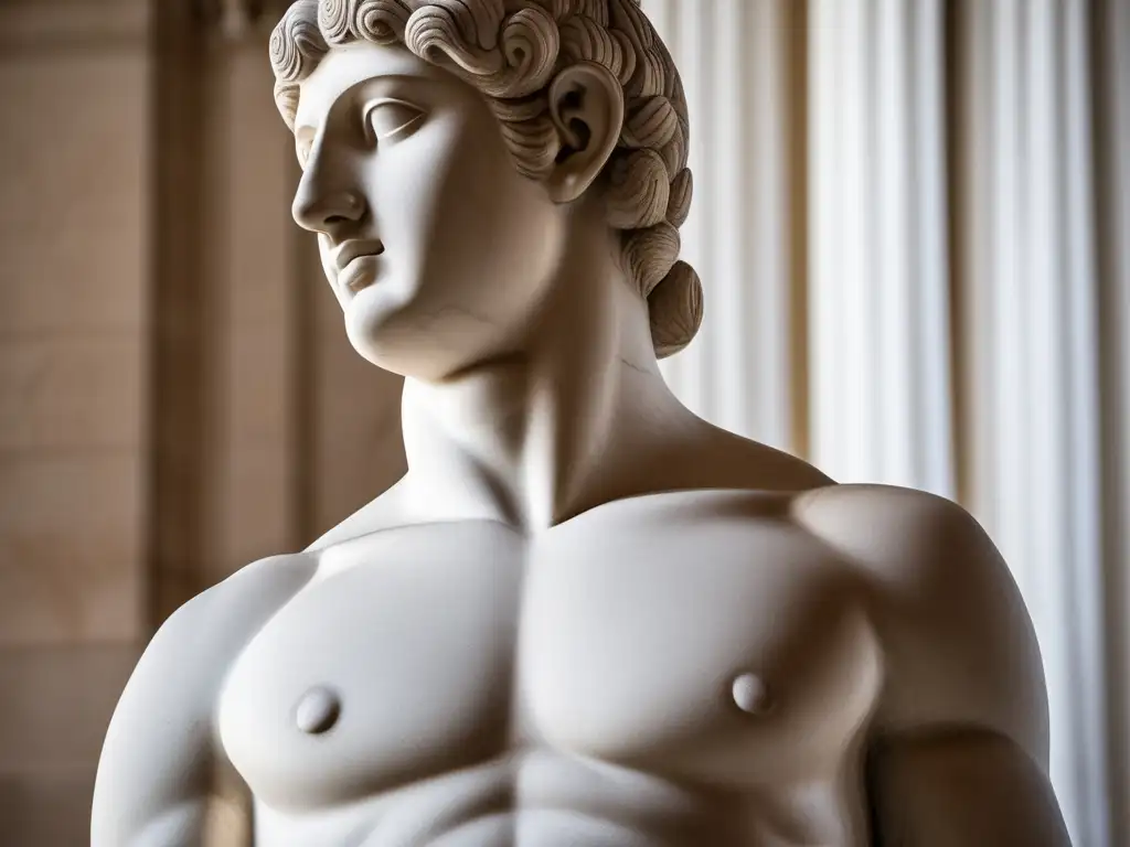 Escultura masculina en Grecia: Evolución del kouros, desde estilo arcaico hasta naturalista, destacando detalles musculares y faciales