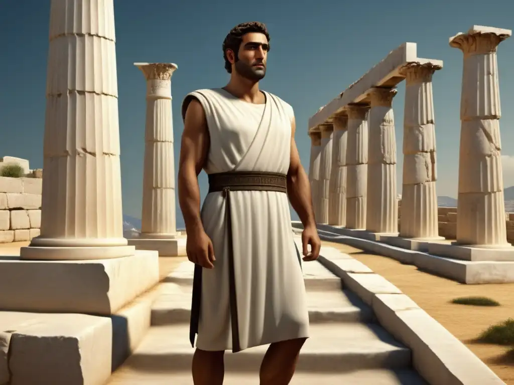 Trabajador griego antiguo con exomis Vestimenta tradicional trabajadores Antigua Grecia con exomis elegante y paisaje auténtico