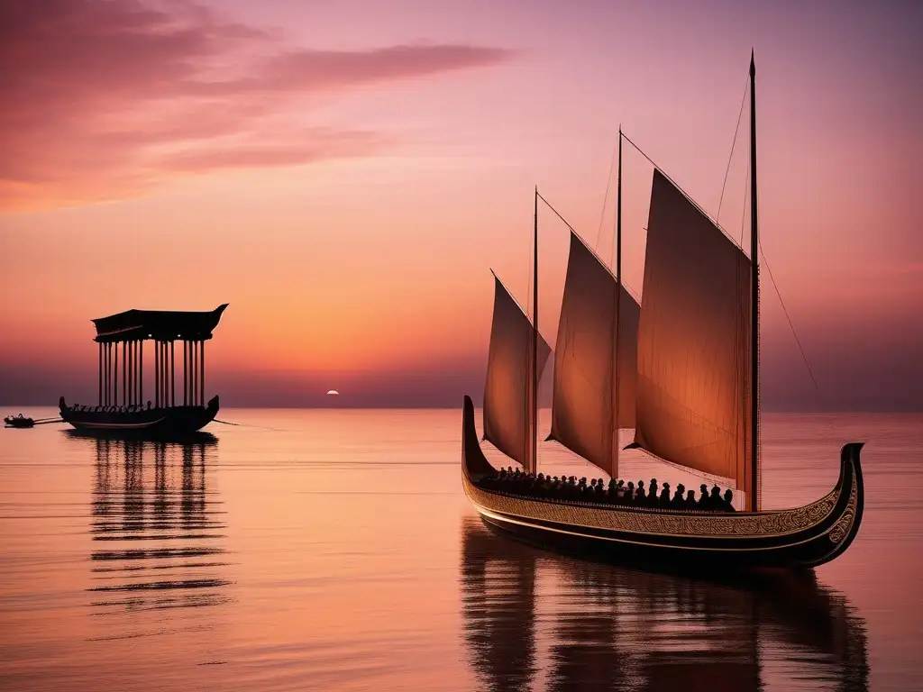 Viajes marítimos en la Antigua Grecia: Hermosa imagen del mar Mediterráneo al atardecer, con un antiguo barco griego navegando