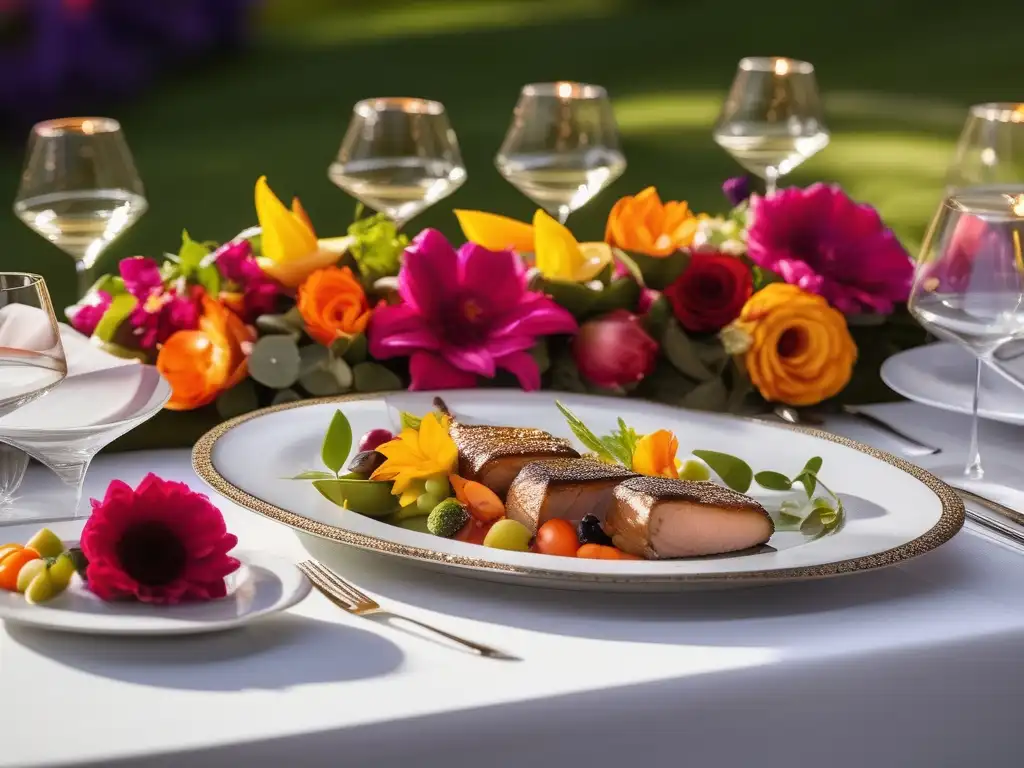 Mesa festiva con arreglos florales, vajilla elegante y plato culinario de tradiciones y gastronomía fusión