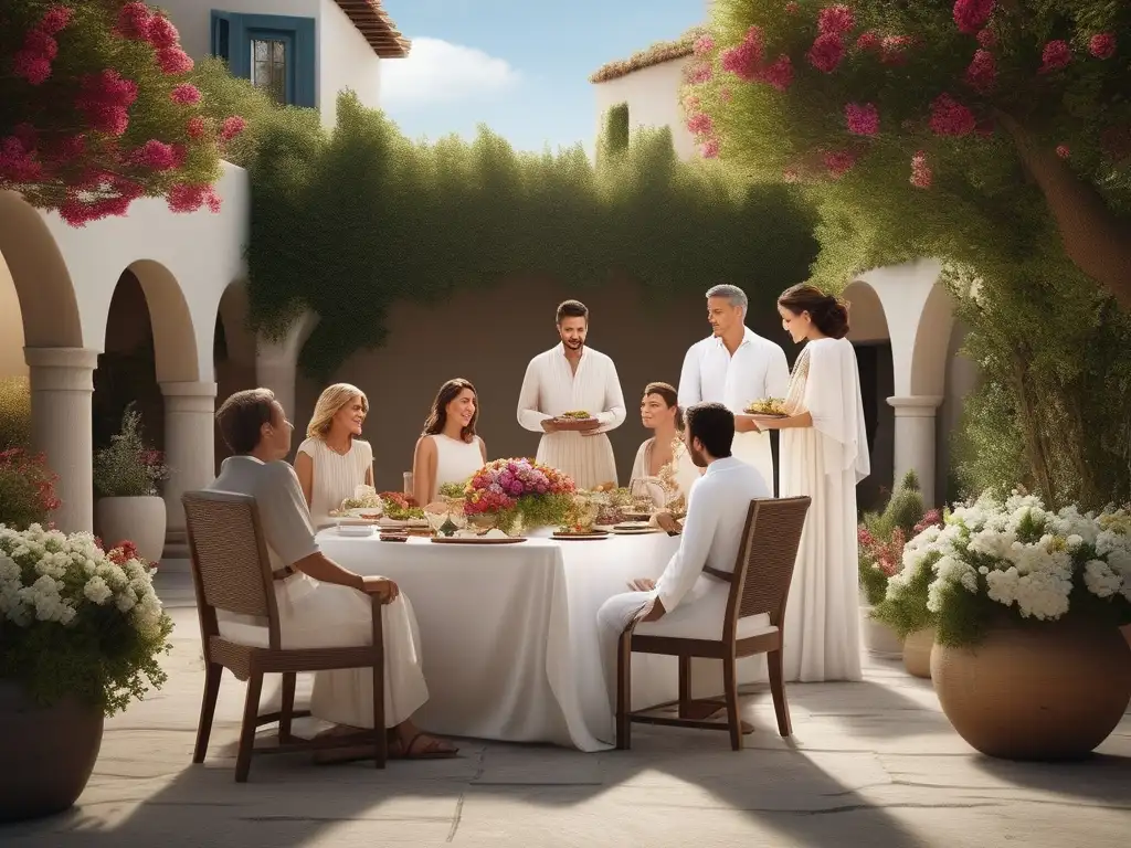 Tradiciones festivas familiares en la Antigua Grecia: Una imagen impactante que muestra una escena minimalista inspirada en las tradiciones festivas de la antigua Grecia