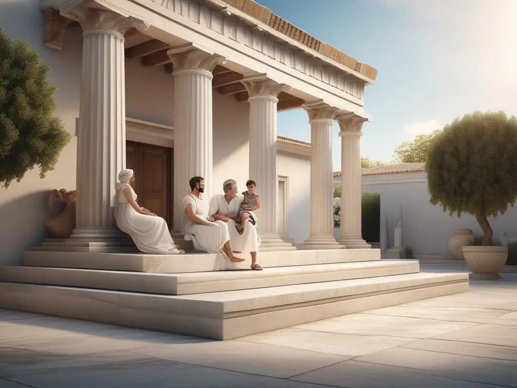 Familia antigua en Grecia: Escena detallada 8k de una familia griega en un hermoso patio rodeado de arquitectura clásica