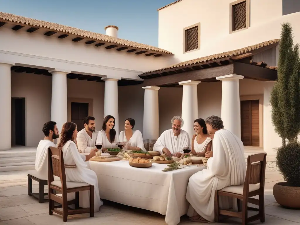 Tradiciones festivas familiares en la Antigua Grecia: una imagen minimalista de una reunión familiar en un patio rodeado de arquitectura griega