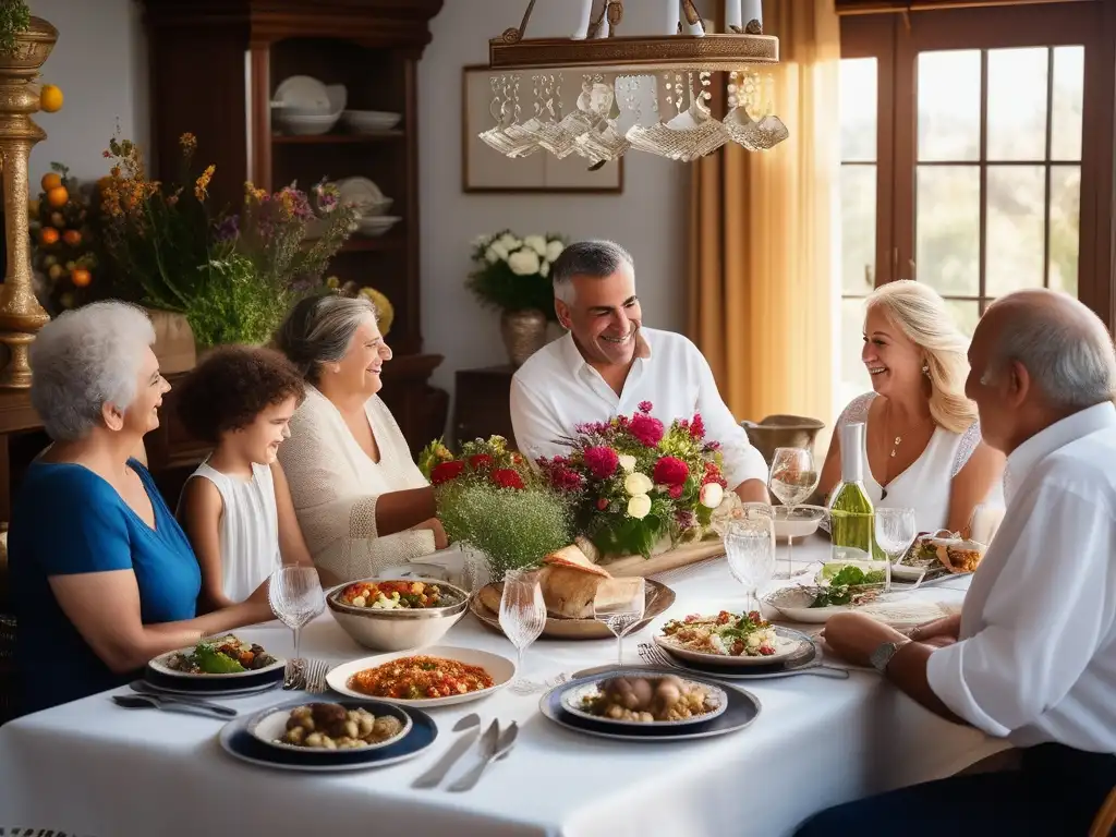 Tradiciones culinarias griegas contemporáneas: Familia griega disfrutando de una comida tradicional llena de alegría y tradición