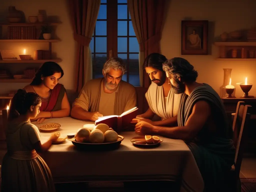 Vida cotidiana en la Antigua Grecia: Familia griega reunida en casa, con luz de velas, actividades familiares y educación