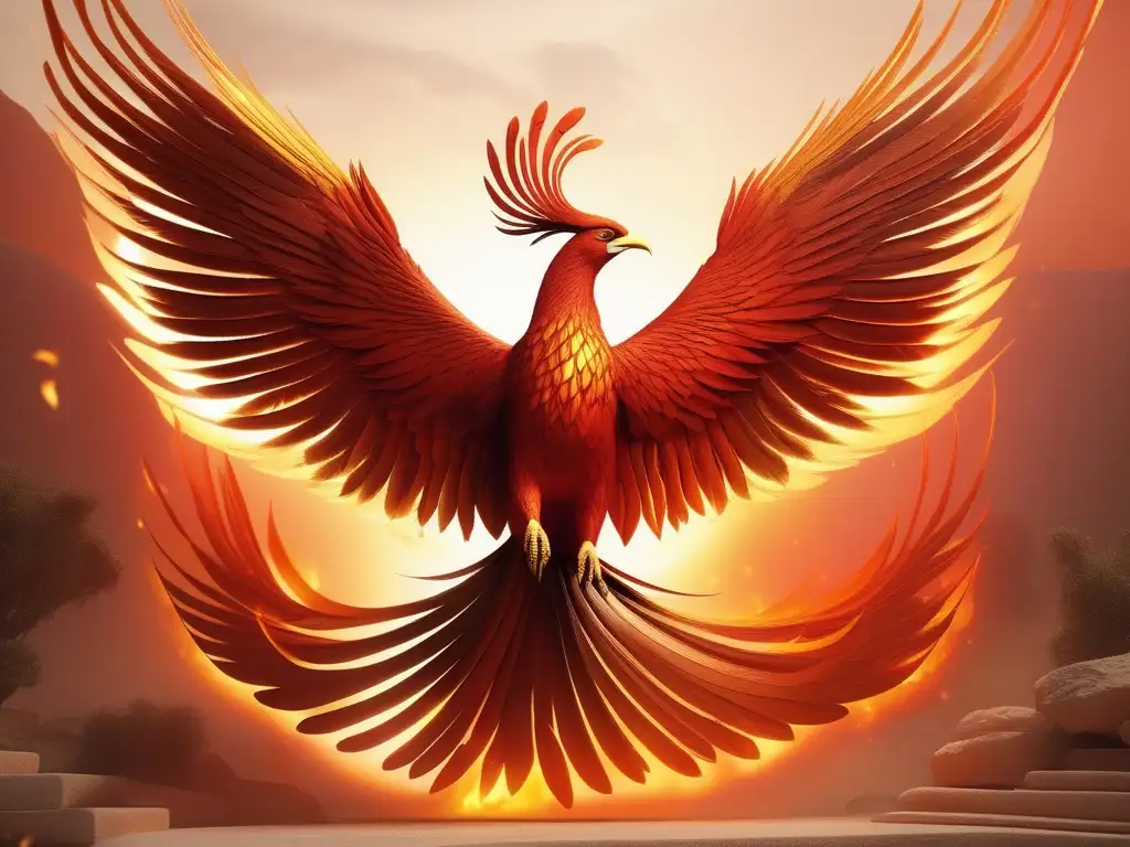 La leyenda del Fénix griego, majestuosa representación fotorealista del ave en vibrantes colores y detalle