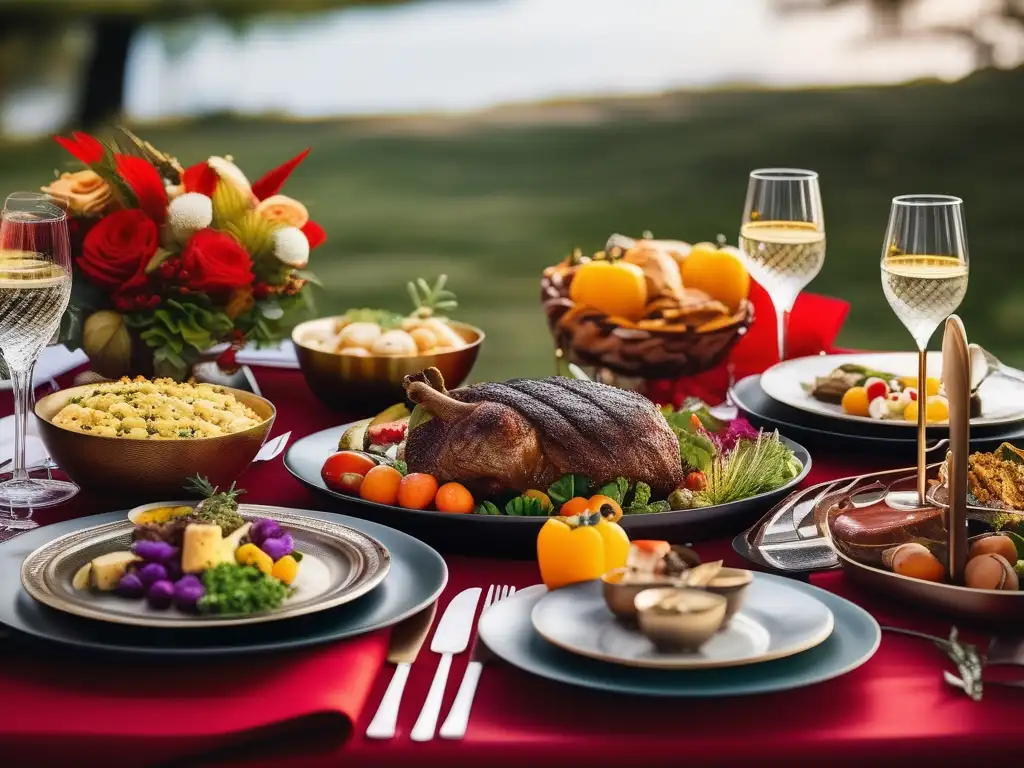 Gastronomía festiva en honor a Dionisio: mesa al aire libre con platos vibrantes, decoración elegante y luz cálida