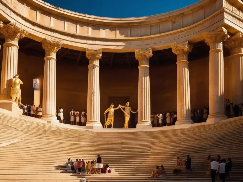 Bacanales controversiales en Grecia: Estatua de Dionisio y multitud entusiasmada en anfiteatro