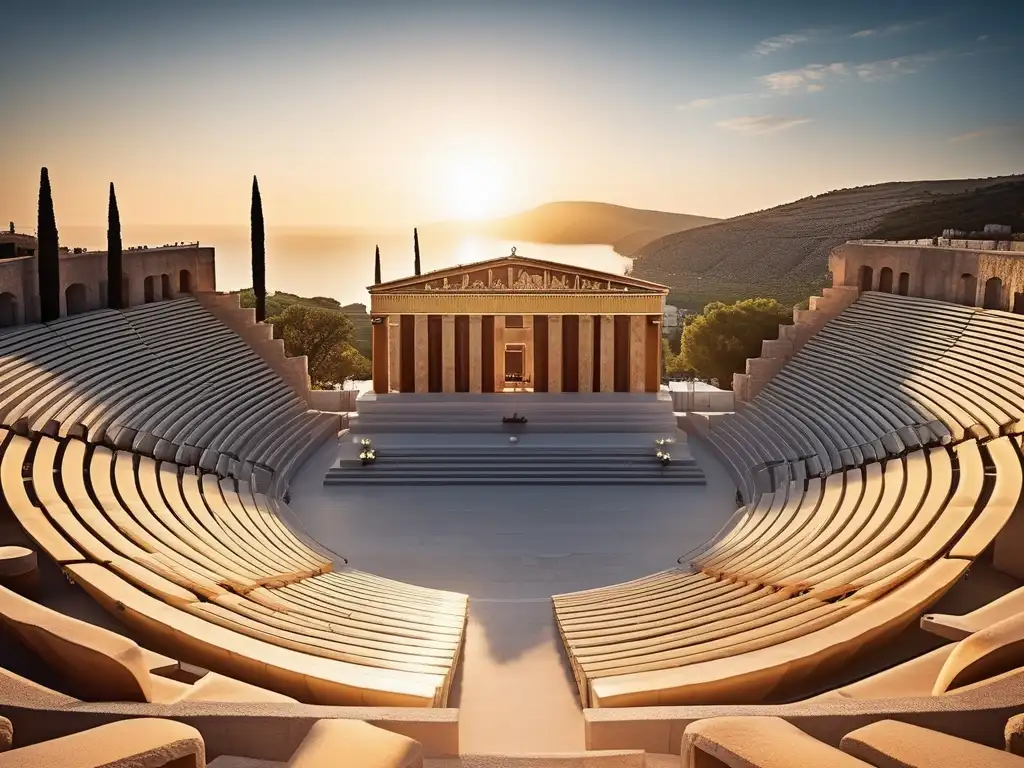 Festival religioso antiguo en Grecia: Gran Dionisia en anfiteatro con actores y espectadores emocionados