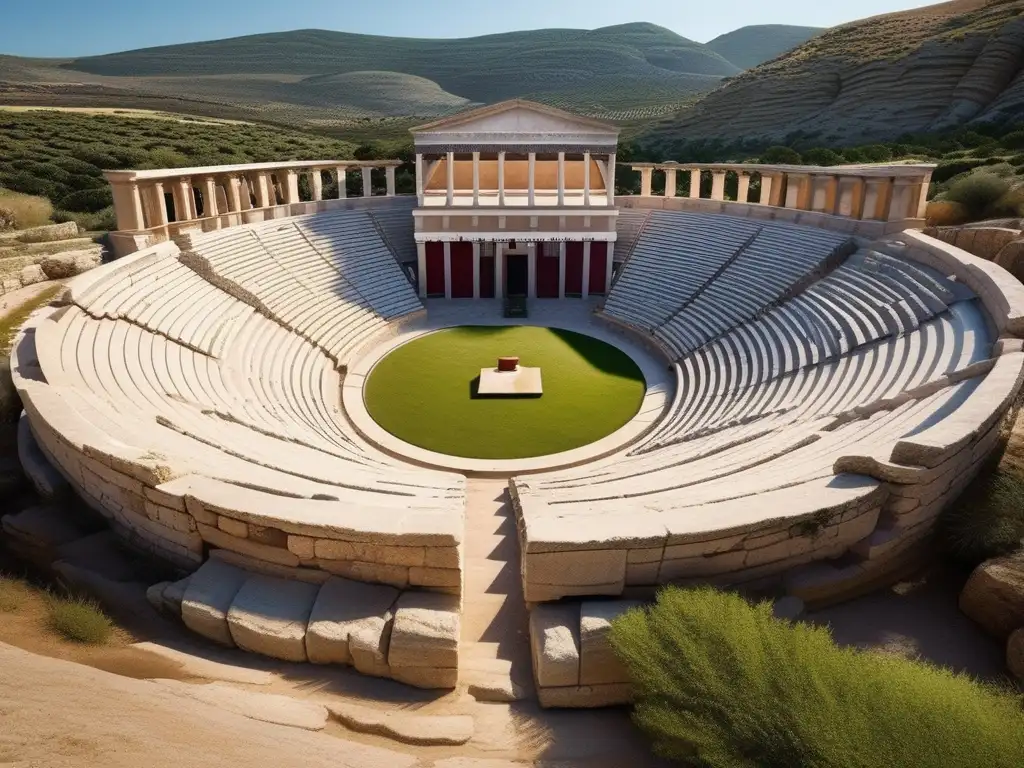 Festivales religiosos en Esparta: Imagen de un antiguo anfiteatro griego rodeado de paisajes serenos y montañas majestuosas