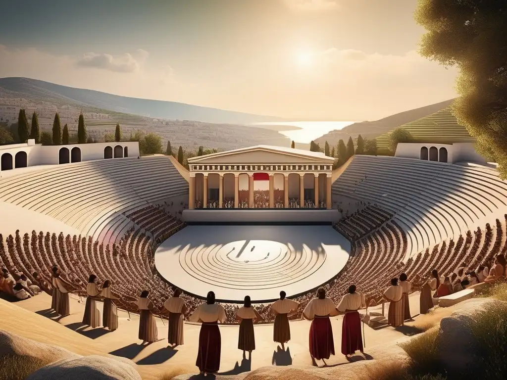 Festival Panegyris en la Antigua Grecia: Vibrante paisaje griego durante el festival, con anfiteatro, multitud entusiasta, danzas y música