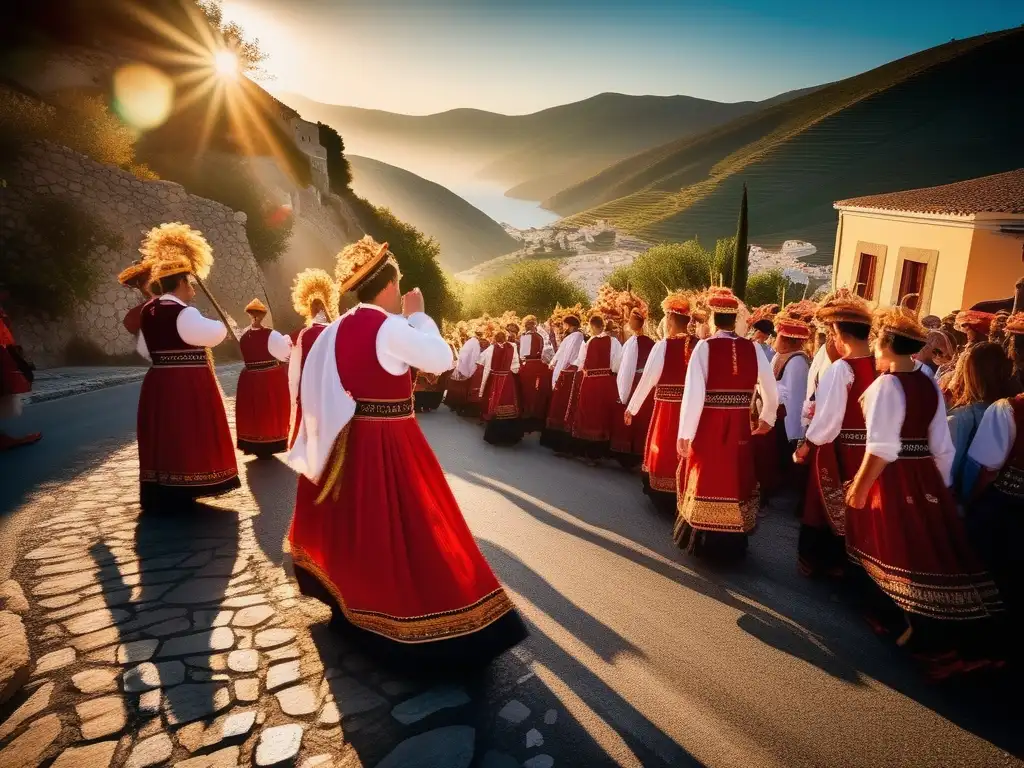 Festividad Haloeas en Grecia, procesión tradicional con ofrendas y hermoso paisaje de colinas al atardecer