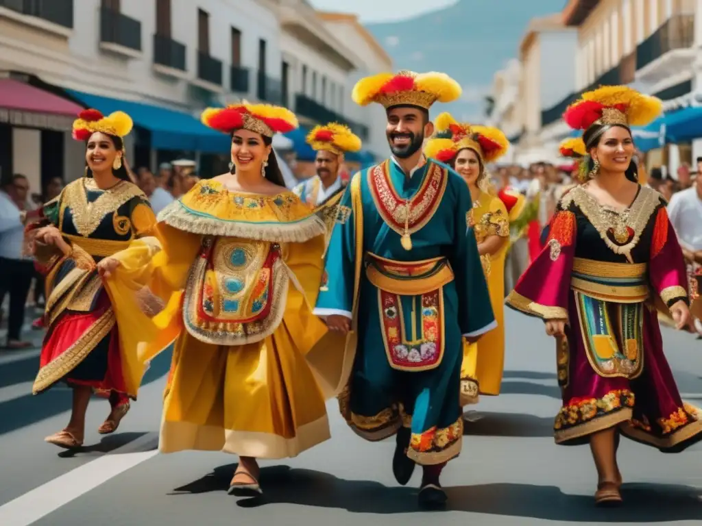 Participantes en el desfile anual de las Panateneas, luciendo trajes tradicionales elaborados y vibrantes