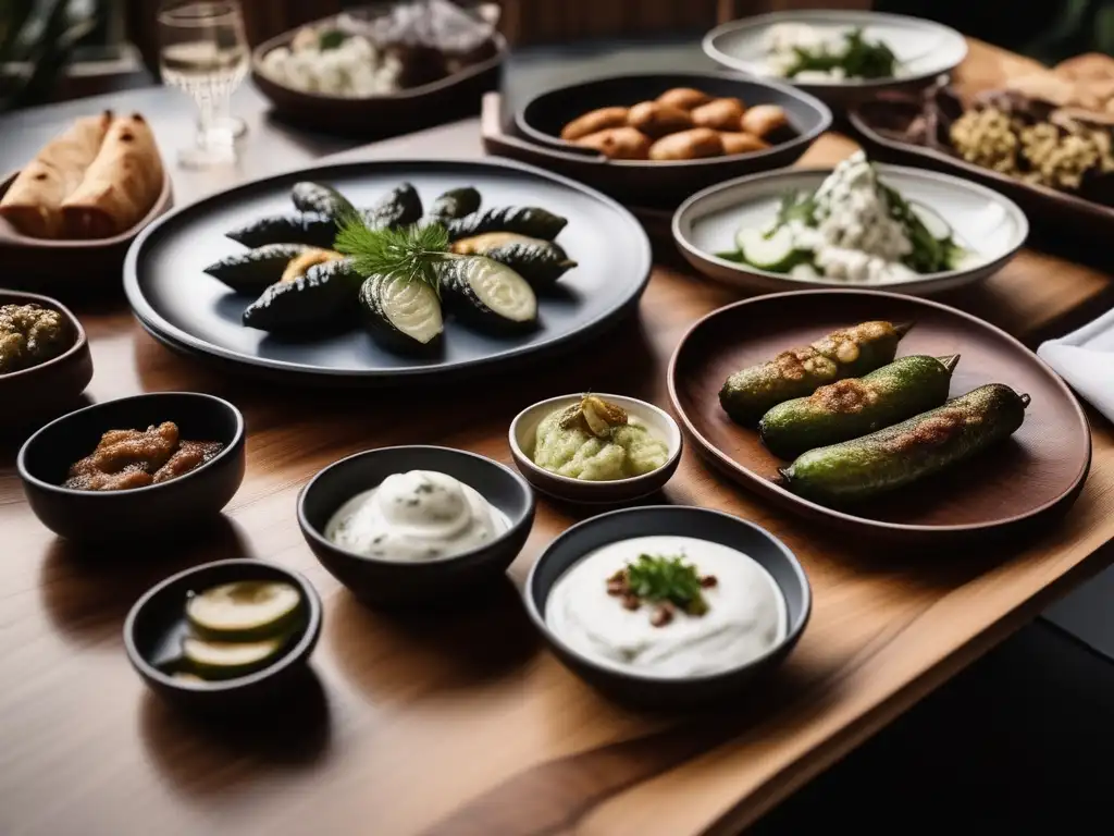 Festival gastronómico en Antigua Grecia con mesa de madera, platos tradicionales y columnas griegas