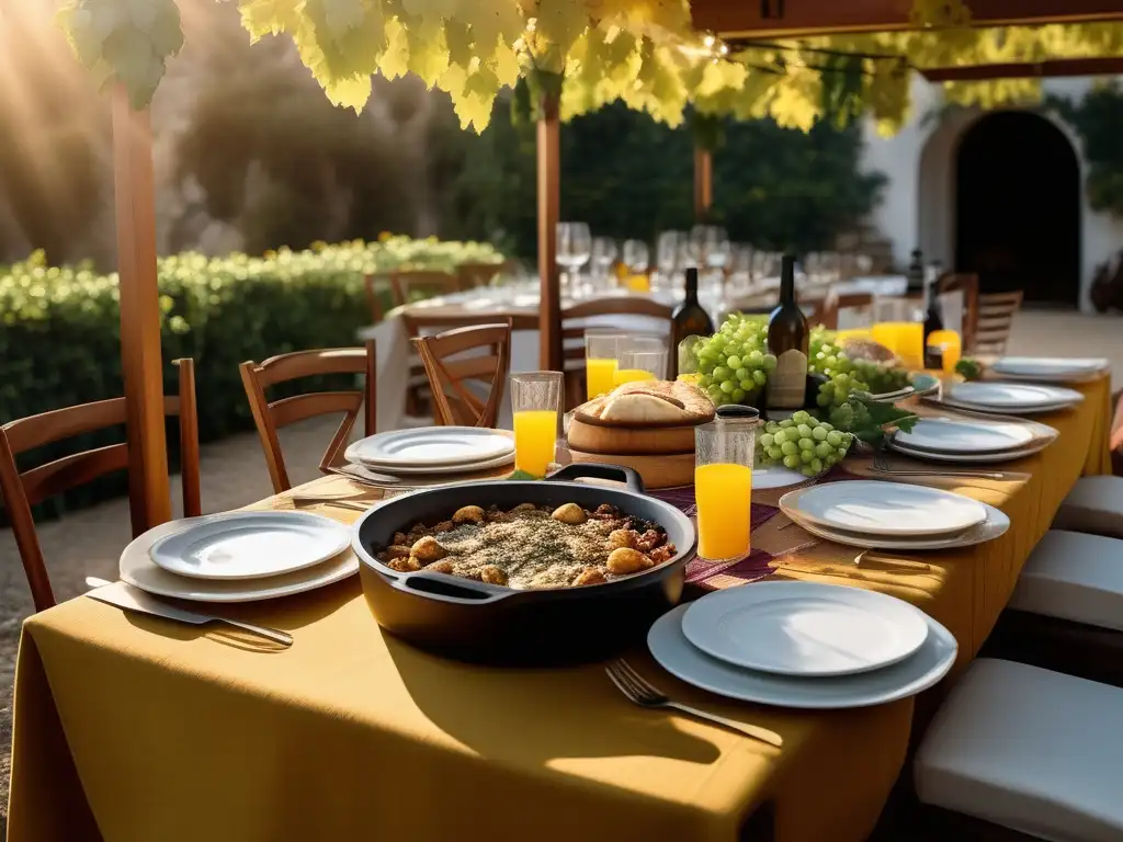 Gastronomía festiva en honor a Dionisio, mesa griega vibrante al aire libre, platos tradicionales, músicos griegos