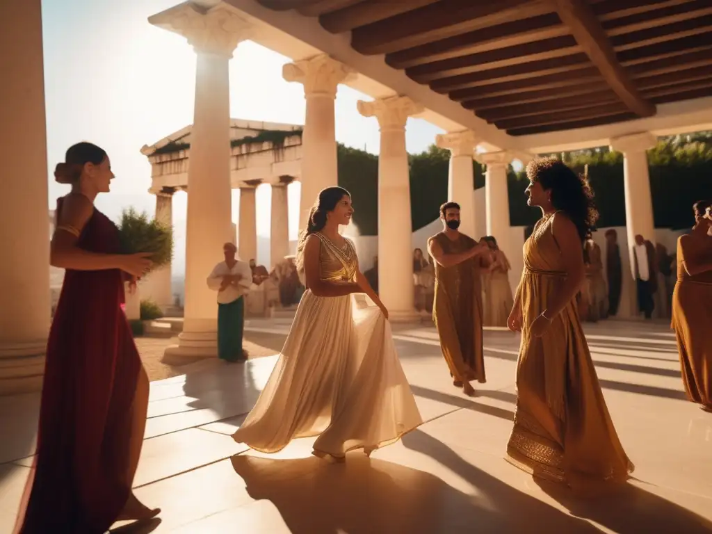 Fiesta en la Antigua Grecia: Descubre la celebración festiva y vibrante en un magnífico patio al aire libre