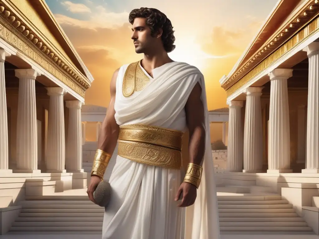 Elegante figura masculina en atuendo griego, rodeada de arquitectura antigua