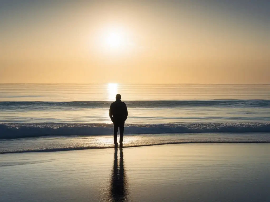 Figura solitaria en el borde del vasto mar