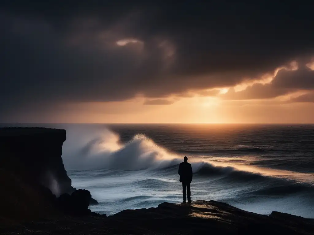 Figura solitaria frente al mar tumultuoso, evocando tragedia y reflexión sobre moral y ética en tragedia griega