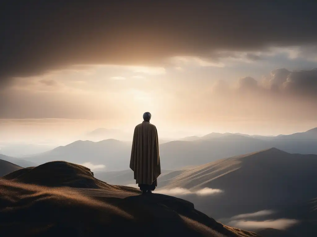 Filosofía estoica y destino desafiado: figura solitaria en la cima de una montaña, paisaje sereno y contemplativo