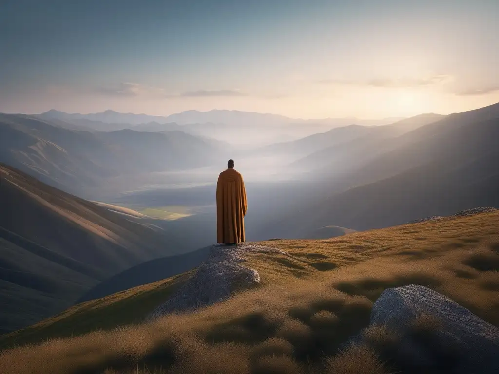 Figura solitaria en la cima de la montaña, representando la filosofía estoica y el destino desafiado