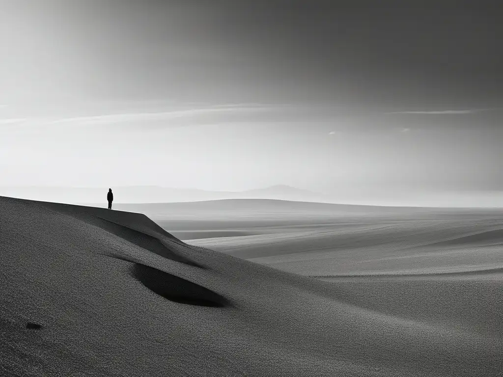 Figura solitaria en paisaje desolado, simbolizando la búsqueda de autenticidad en la sociedad contemporánea