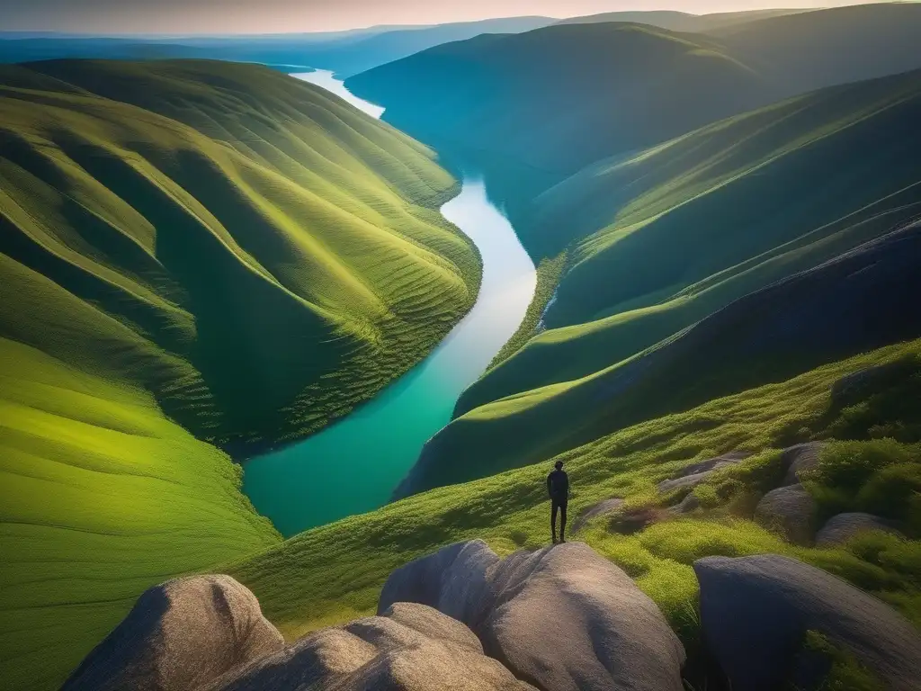 Filosofía cínica y autenticidad: Figura solitaria en un acantilado, paisaje virgen y detalles fotorealistas